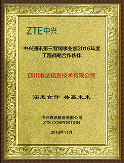 中興通訊第三營銷事業(yè)部2016年度工程戰(zhàn)略合作伙伴深度合作共贏未來獎